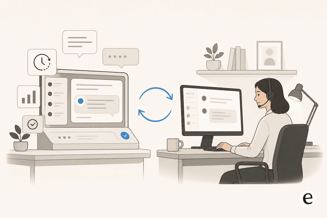 Editorial illustration comparing an AI helpdesk console and a human support agent's desk, connected by a handoff arrow in eesel blue