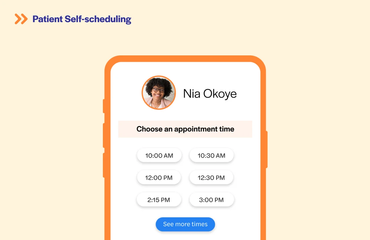 Patient self-scheduling interface showing available appointment times with a provider, as taken from Luma Health