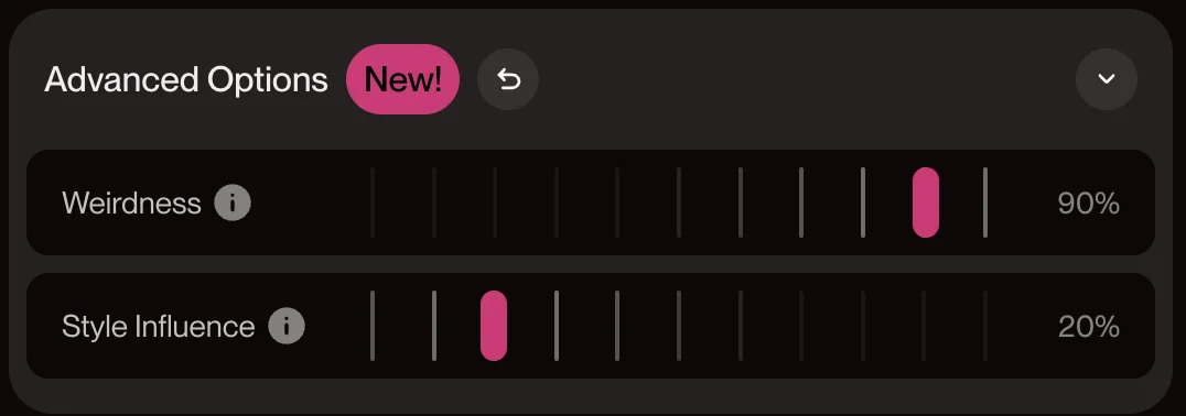 Suno's Creative Sliders - Weirdness and Style Influence - inside Custom Mode, as taken from the Suno help center