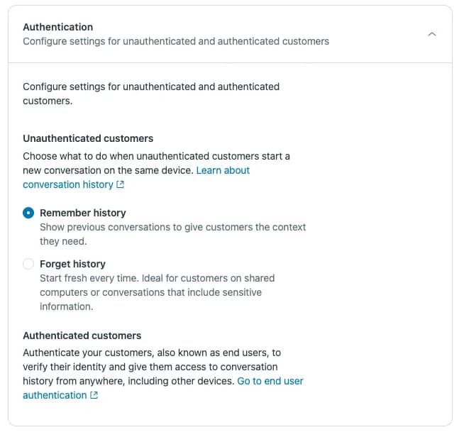 Authentication tab - remember history vs. forget history options, as taken from Zendesk