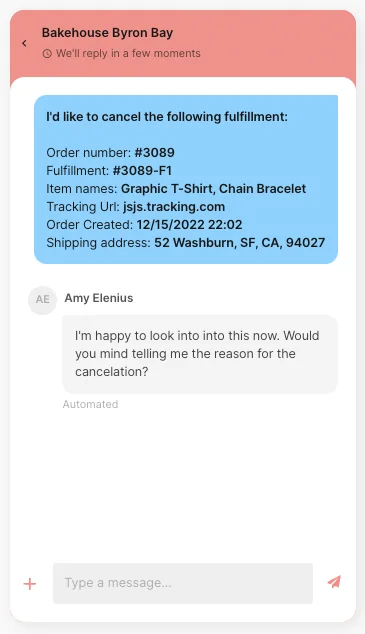 The Gorgias AI Agent handling a fulfillment cancellation request inside the chat widget, as taken from Gorgias
