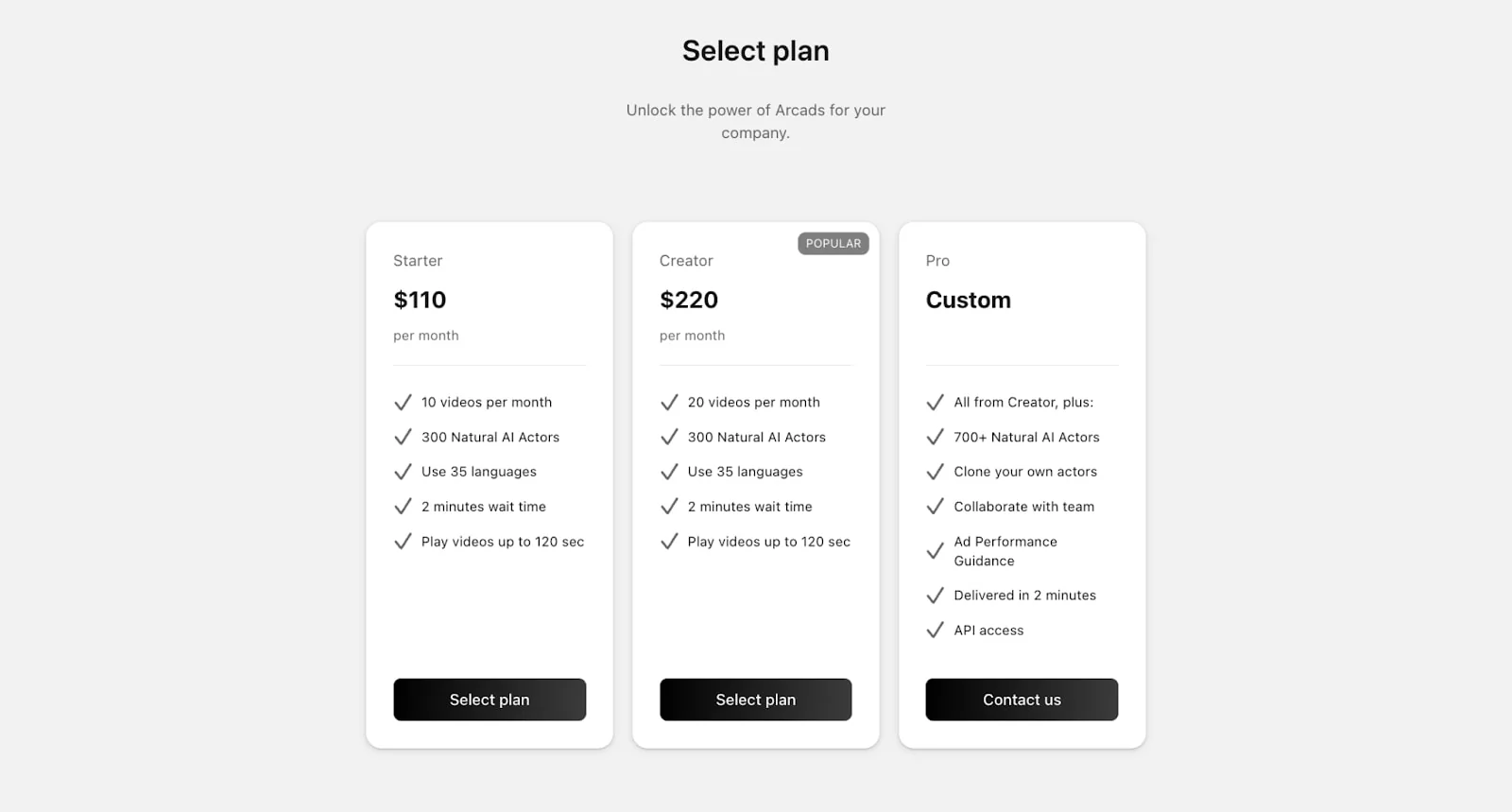 The Arcads in-app pricing paywall showing Starter, Creator, and Pro plans, as captured in Marketer Milk's Arcads review
