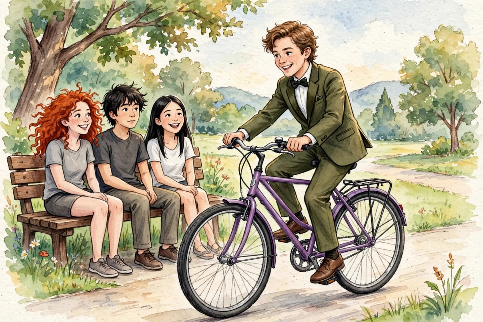 Muse Image multi-reference composition placing a person, a specific bike, an outfit, and a park scene into one illustration, as taken from Meta