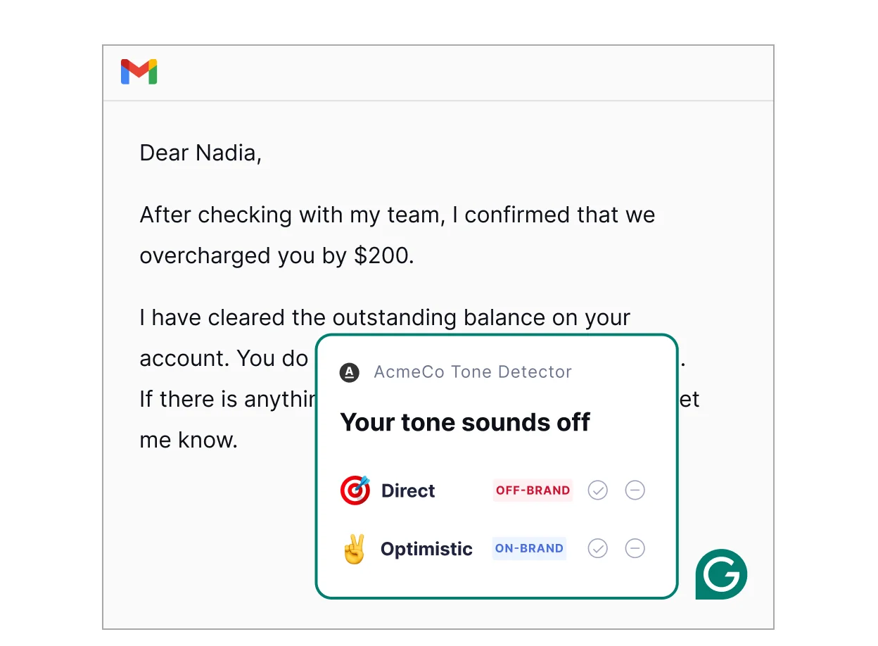 Grammarly's tone detector in Gmail flagging a customer email as off-brand and suggesting an on-brand optimistic rewrite, as taken from Grammarly