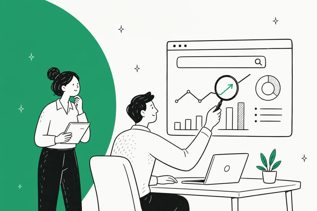 A content team pointing a magnifying glass at a search results dashboard with charts trending upward