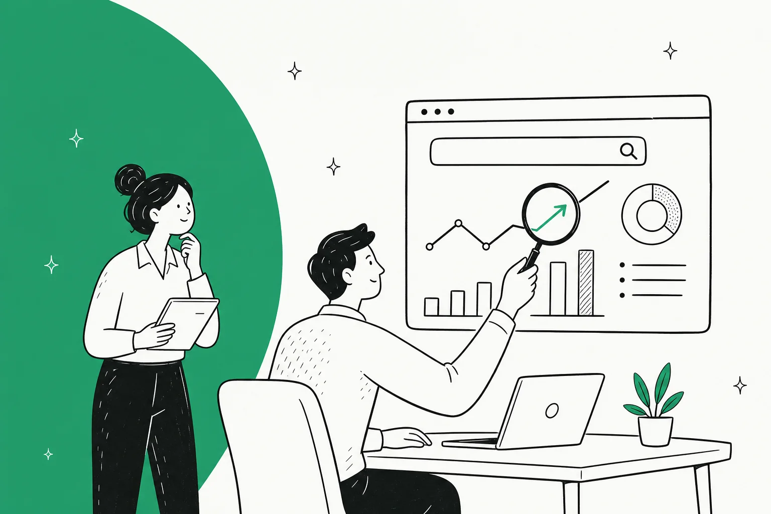 A content team pointing a magnifying glass at a search results dashboard with charts trending upward