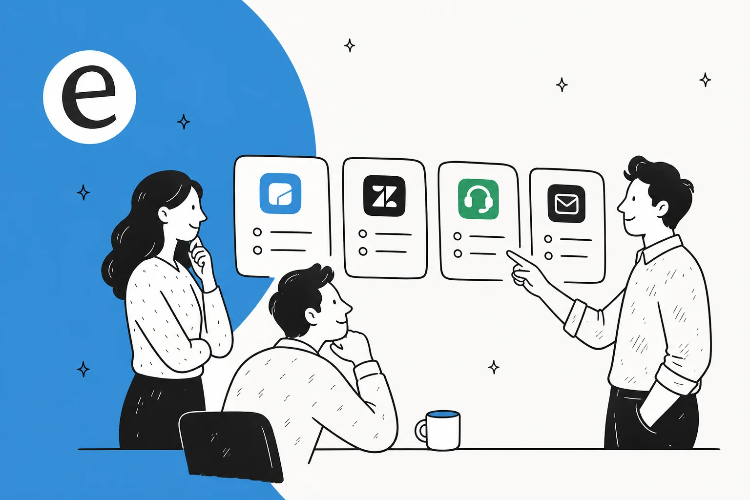 Illustration of a support team choosing between several help desk tool cards, with the eesel logo