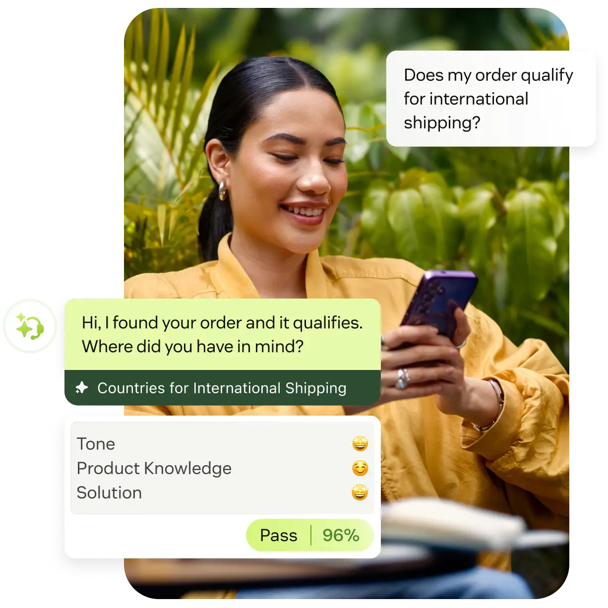 A Zendesk AI agent answering a customer's international shipping question with a QA score