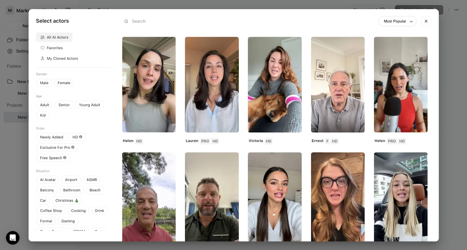The Arcads actor selection library showing a grid of realistic AI presenters with filters for gender, age and situation, as captured in Marketer Milk's Arcads review