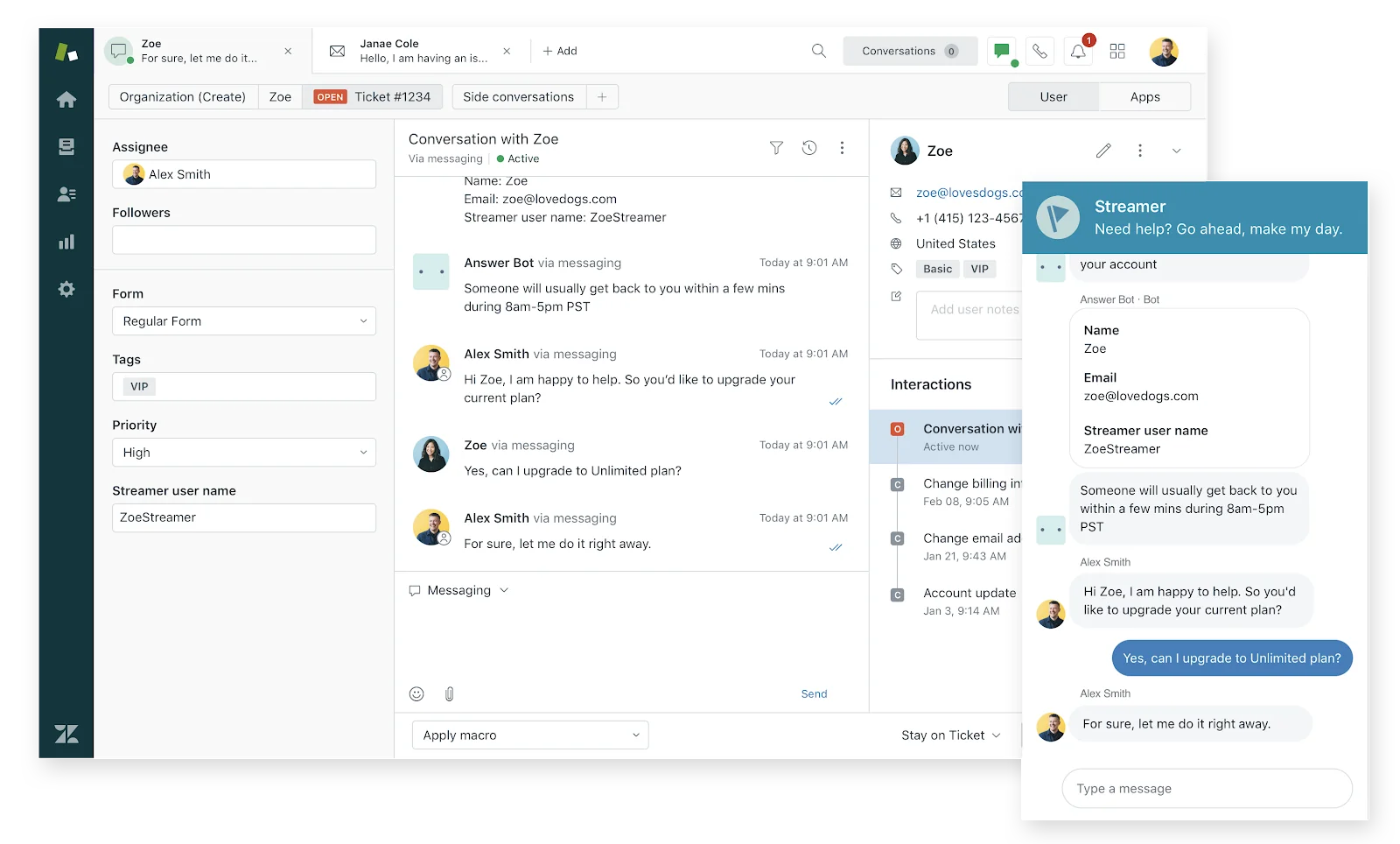 Zendesk agent workspace showing the messaging widget in action - ticket list on the left, conversation in the center, widget preview on the right, as taken from Zendesk