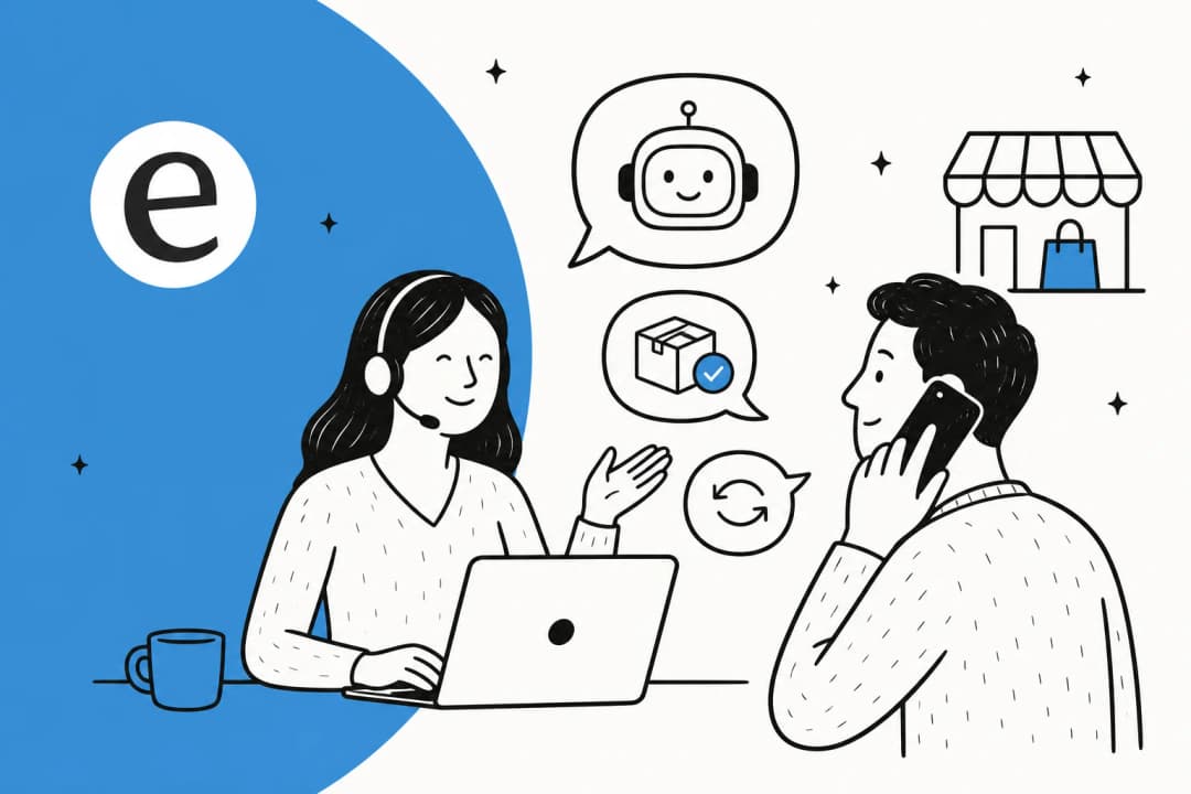 Illustration of an ecommerce support rep with a headset helping a customer on the phone, with chat, package, and storefront icons