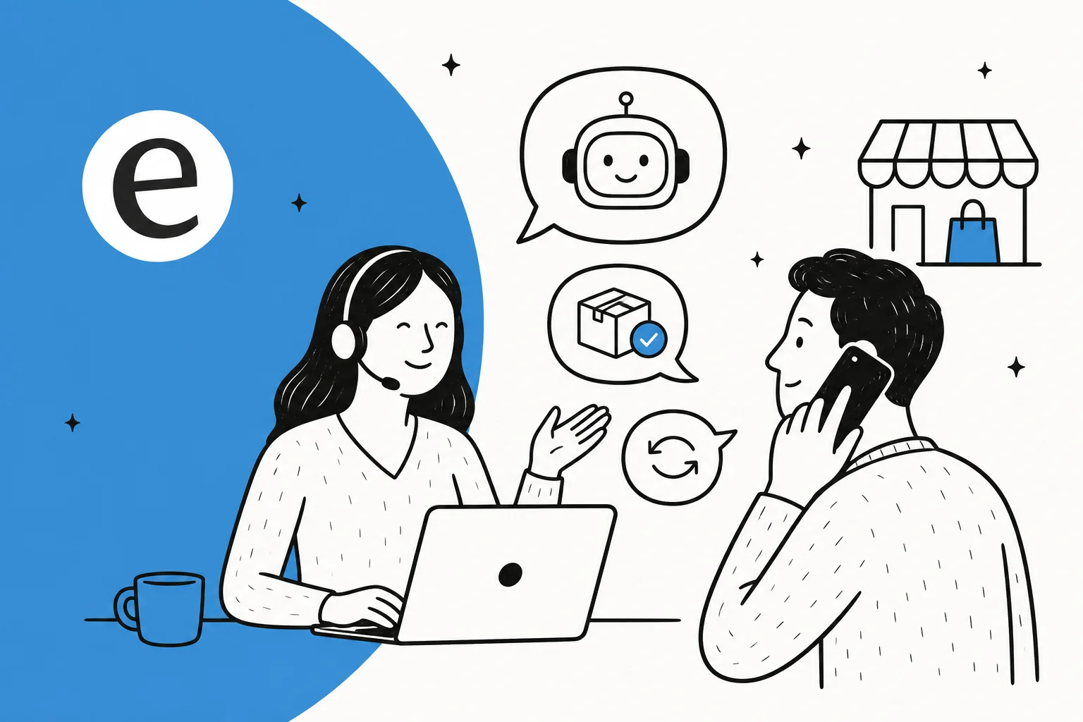 Illustration of an ecommerce support rep with a headset helping a customer on the phone, with chat, package, and storefront icons