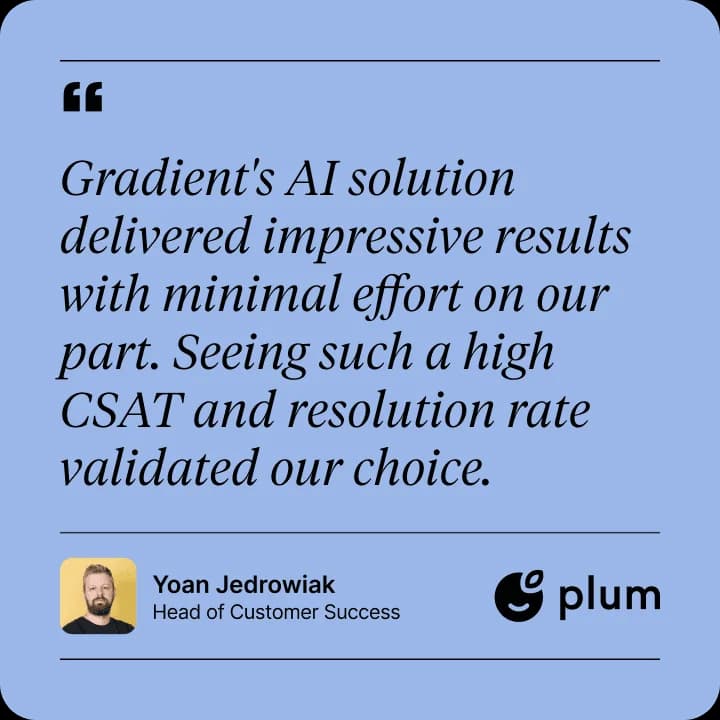 Plum customer result: 98.6% QA score and 80% CSAT, as taken from Gradient Labs
