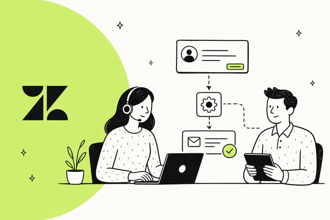 Illustration of Zendesk automation macros bundling a canned reply and ticket field changes into one click