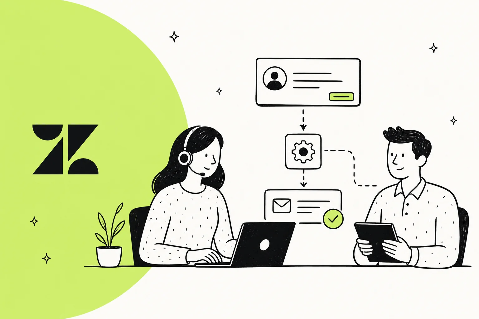 Illustration of Zendesk automation macros bundling a canned reply and ticket field changes into one click
