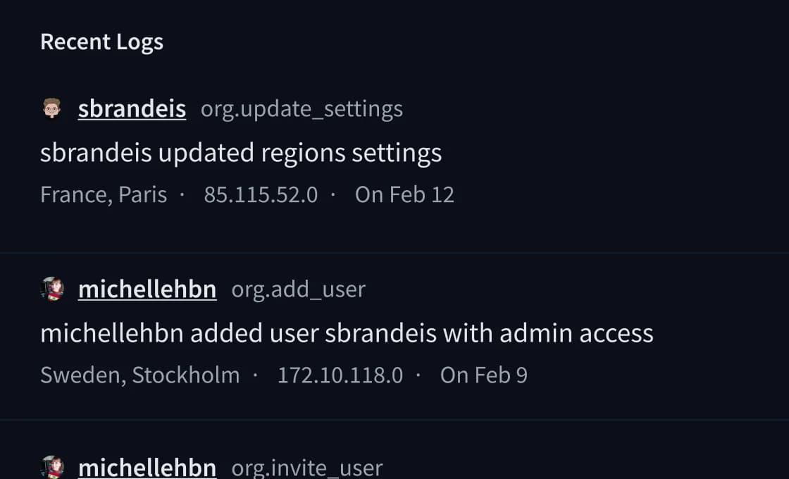 Enterprise Hub audit log panel showing recent org actions with user, action type, location, and timestamp
