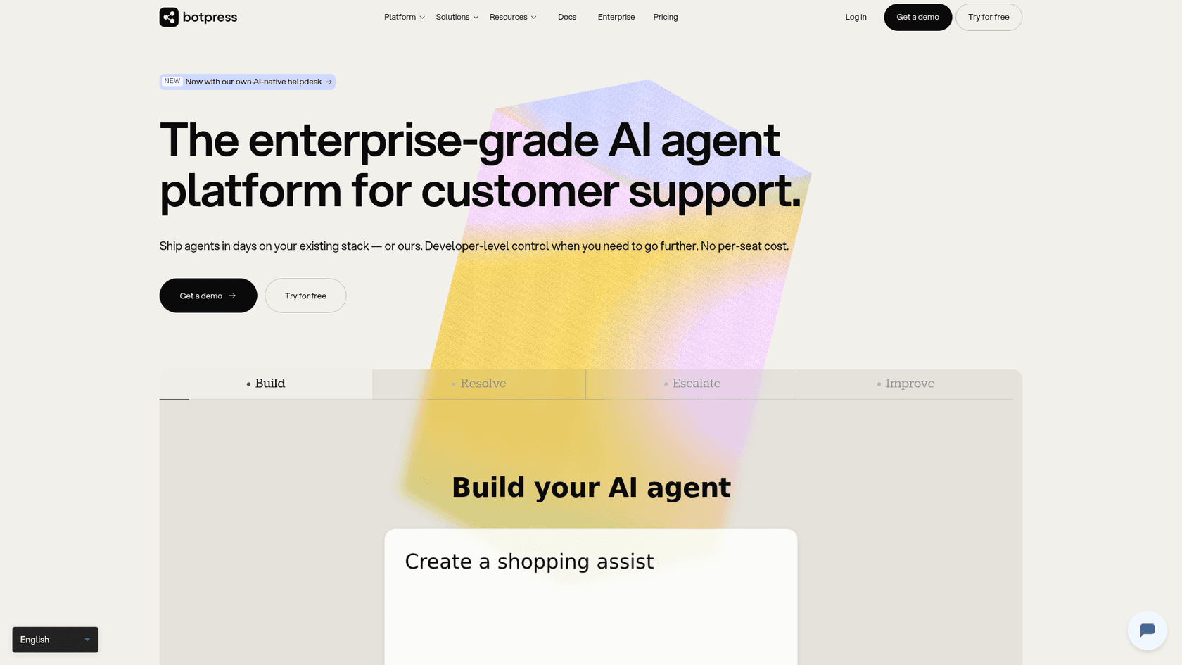 Botpress homepage positioning it as an enterprise-grade AI agent platform for customer support