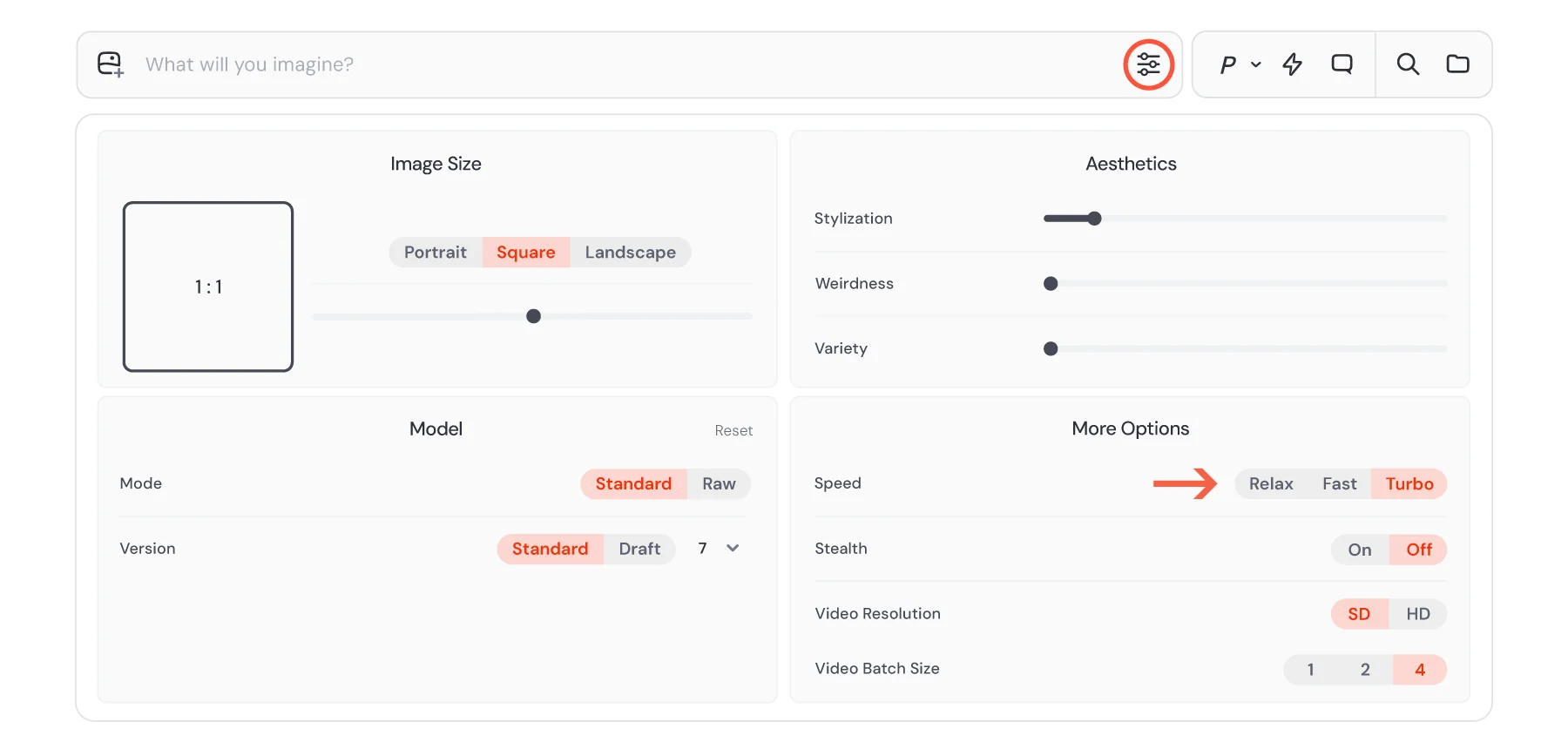 Midjourney settings panel showing Speed toggle (Relax / Fast / Turbo), as taken from Midjourney