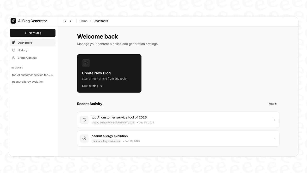 The eesel AI Blog Generator dashboard showing a Create New Blog panel and recent generated posts