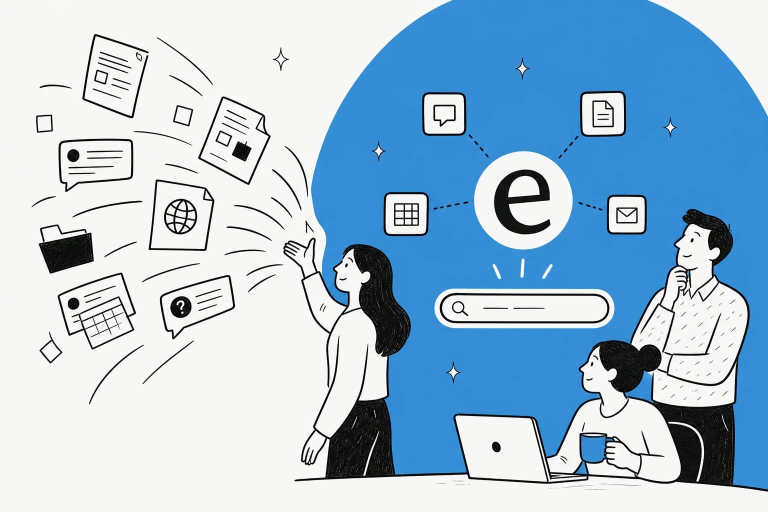 Scattered company documents and tickets being unified into a single AI-searchable knowledge layer