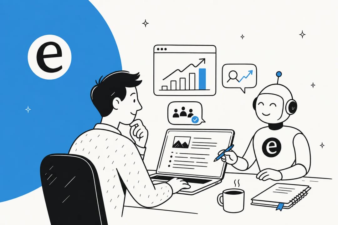 Illustration of a marketer and an AI writing assistant drafting a B2B blog post that climbs search rankings
