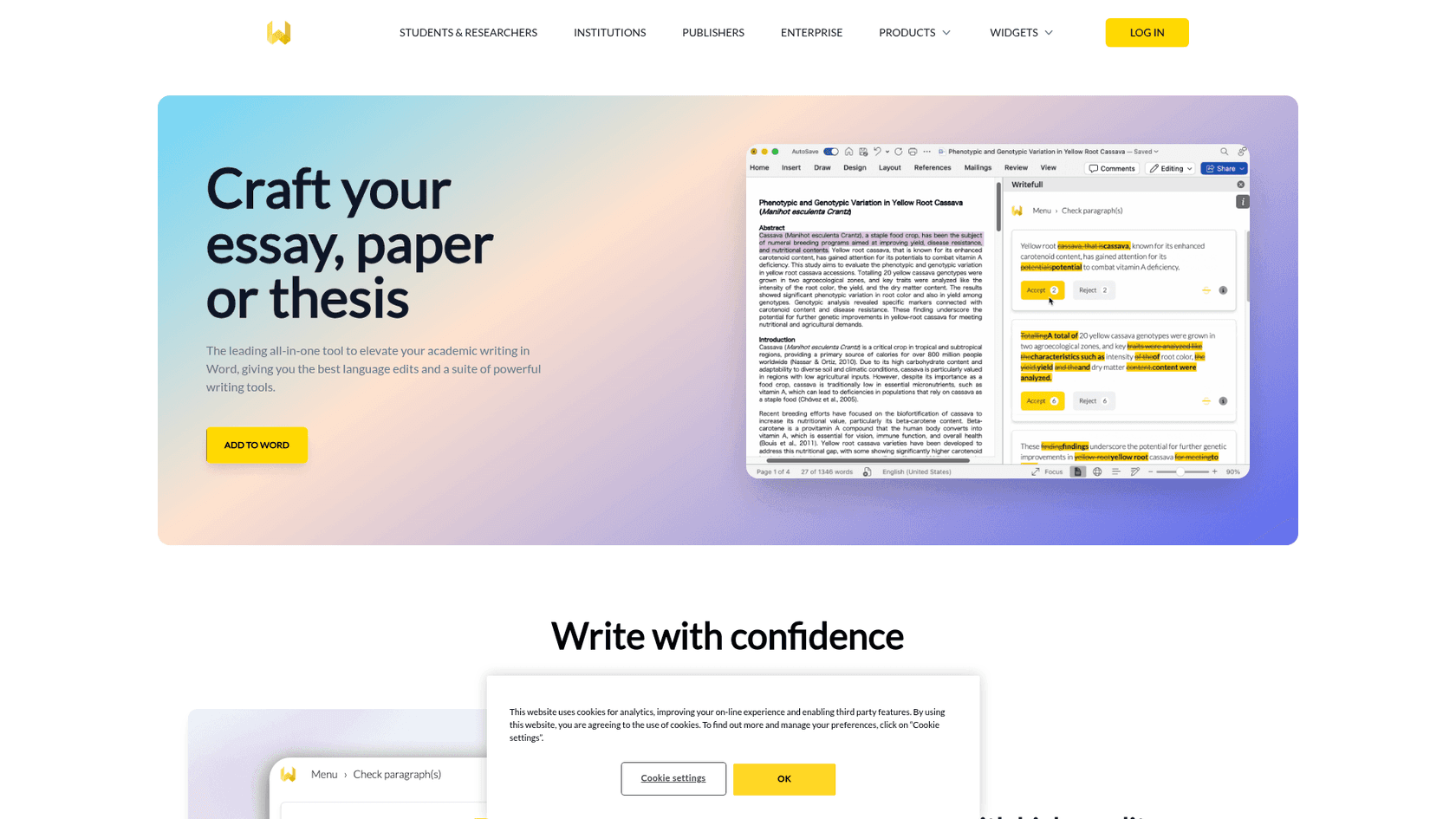 Writefull for Word showing real-time language feedback, academic paraphraser, and style tools in a Microsoft Word document, as taken from Writefull