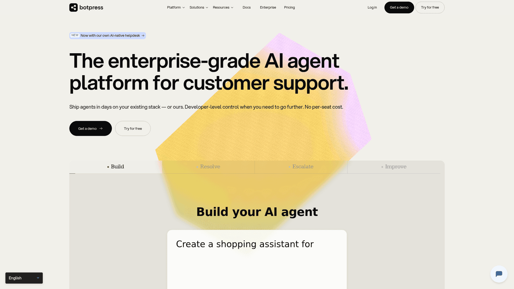 Botpress homepage showing the AI agent platform pitch