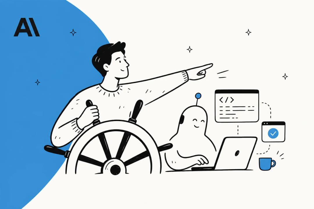 Editorial illustration of a founder directing an AI coding agent
