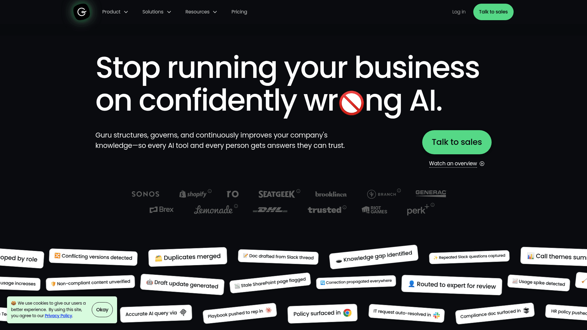 Guru homepage showing the enterprise knowledge management platform with verification workflow and knowledge card interface