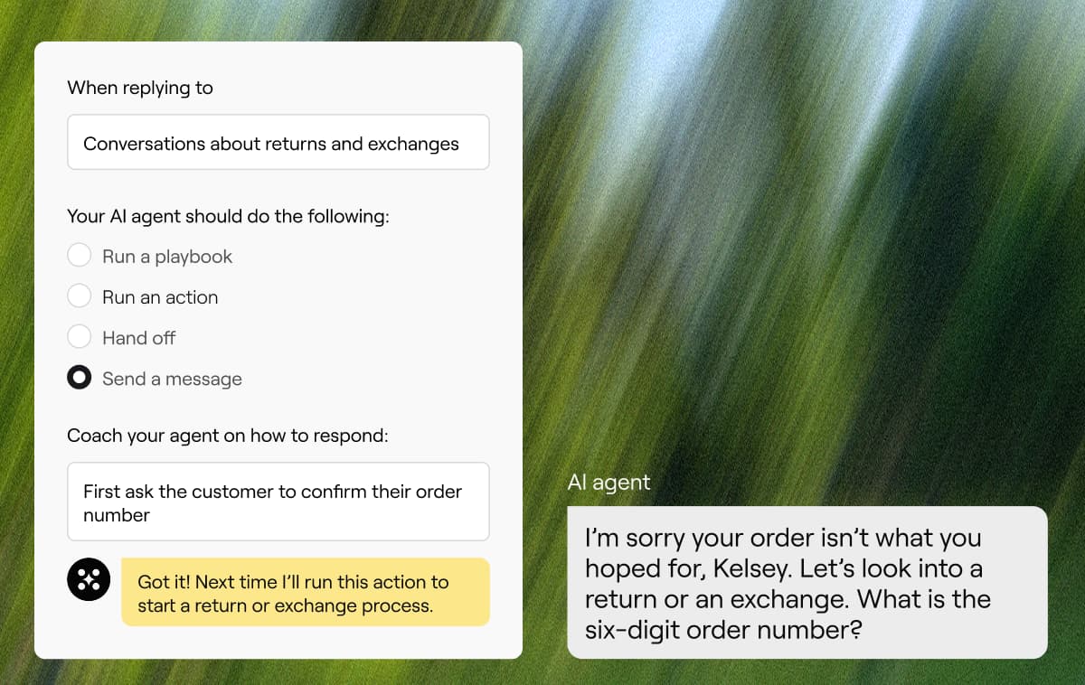 The Coaching panel, where an operator types a plain-language instruction and the agent confirms how it will reply next time, courtesy of Ada