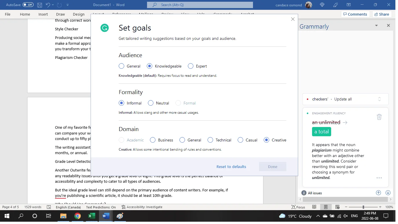 Grammarly Tone Detection feature showing real-time tone adjustments in a document, as taken from Grammarist