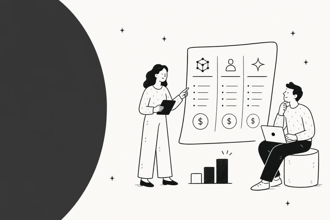 Hand-drawn illustration of two people reviewing a pricing breakdown chart with dollar signs