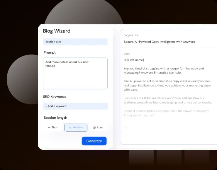 Anyword's Blog Wizard generating an email with subject line and body, as taken from Anyword