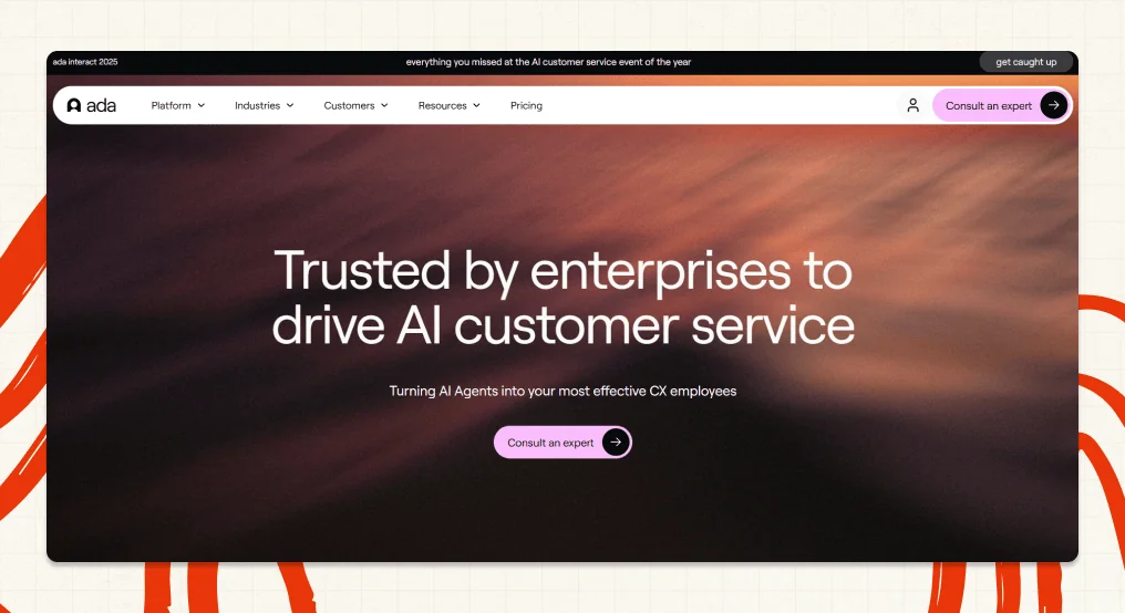 Ada's homepage: "Trusted by enterprises to drive AI customer service"