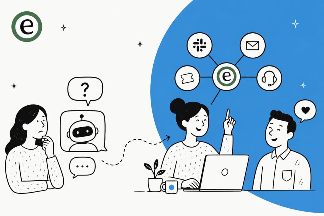 Illustration contrasting an AI chatbot answering a question with an AI agent connected to Slack, email and ticketing tools
