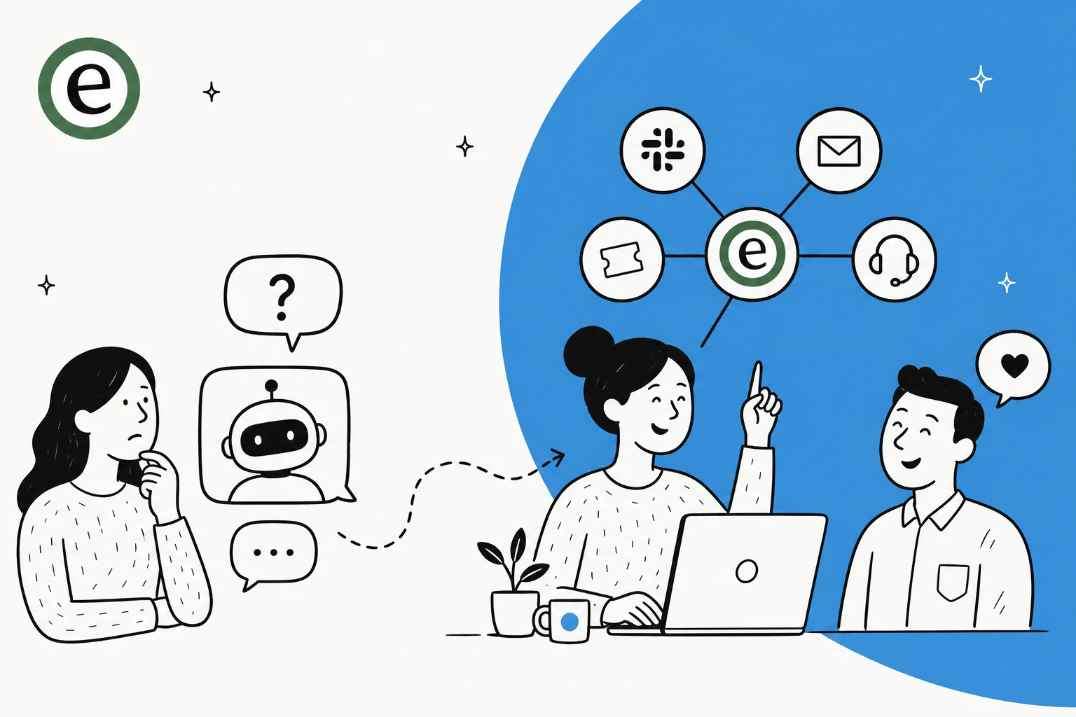 Illustration contrasting an AI chatbot answering a question with an AI agent connected to Slack, email and ticketing tools