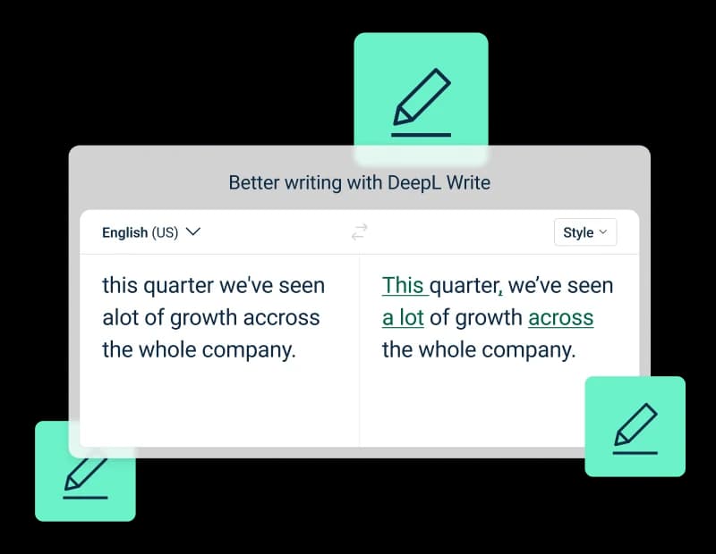DeepL Write interface showing an AI-assisted rewrite correcting "alot" and "accross" to "a lot" and "across"