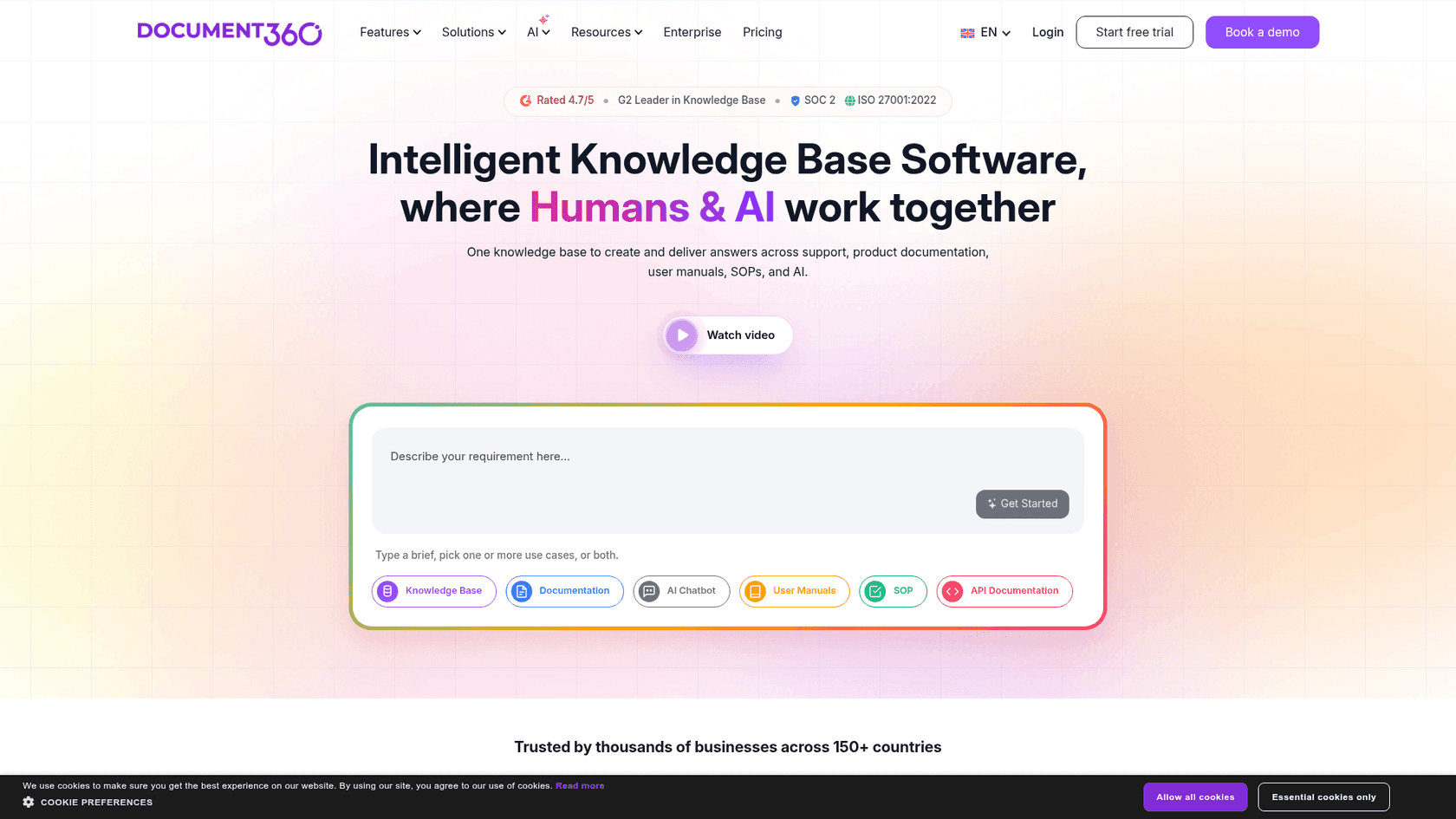 The Document360 homepage showing its enterprise knowledge base platform, as taken from Document360.