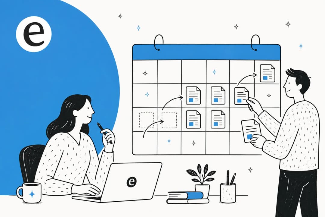 An AI teammate turning a calendar of empty topic cells into a grid of finished blog posts