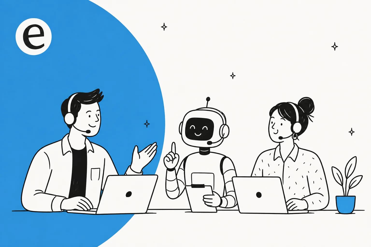 Illustration of a customer service team working alongside an AI teammate
