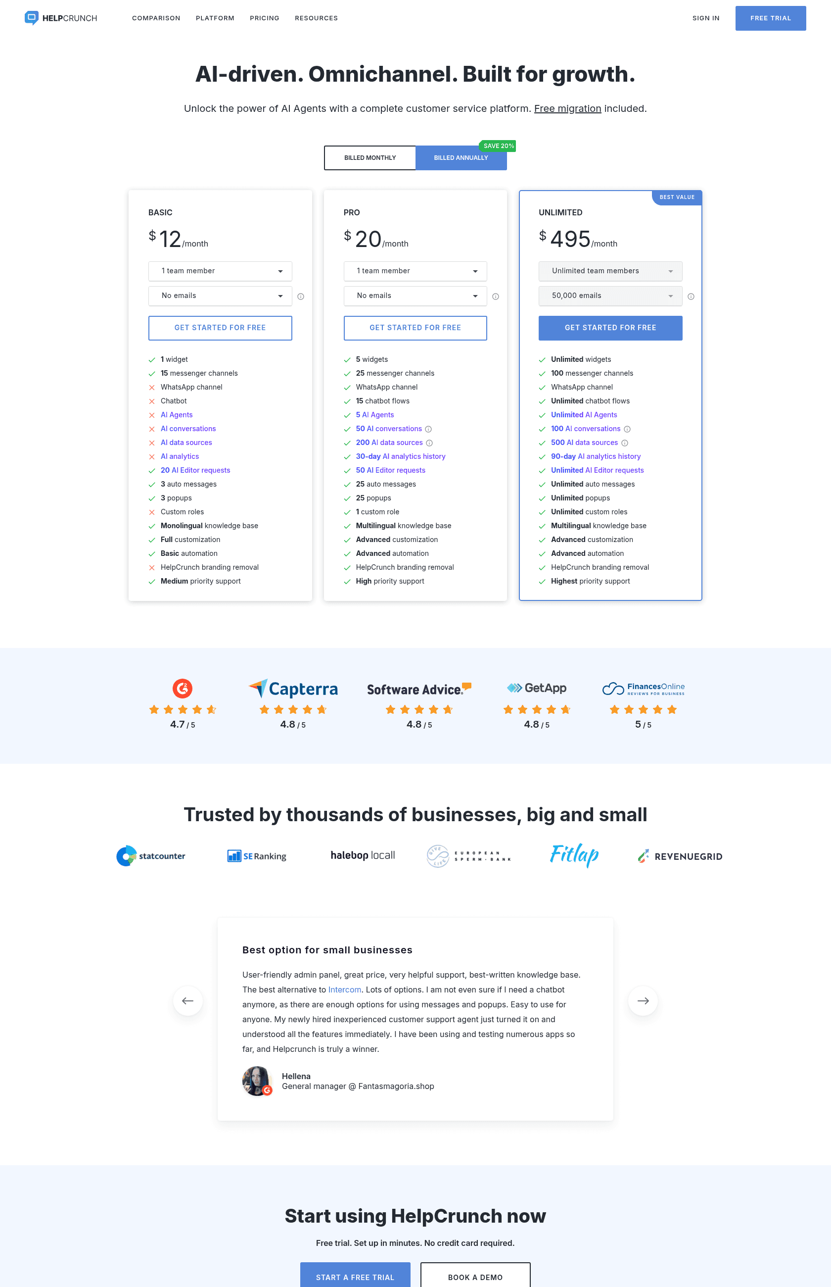 The HelpCrunch pricing page showing the Basic, Pro, and Unlimited plan cards, as taken from HelpCrunch