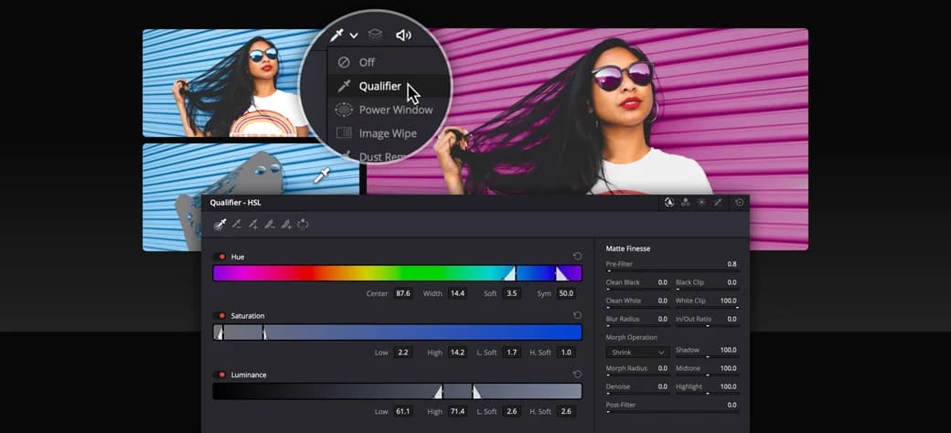 DaVinci Resolve color grading workspace showing node-based color correction, as taken from Blackmagic Design