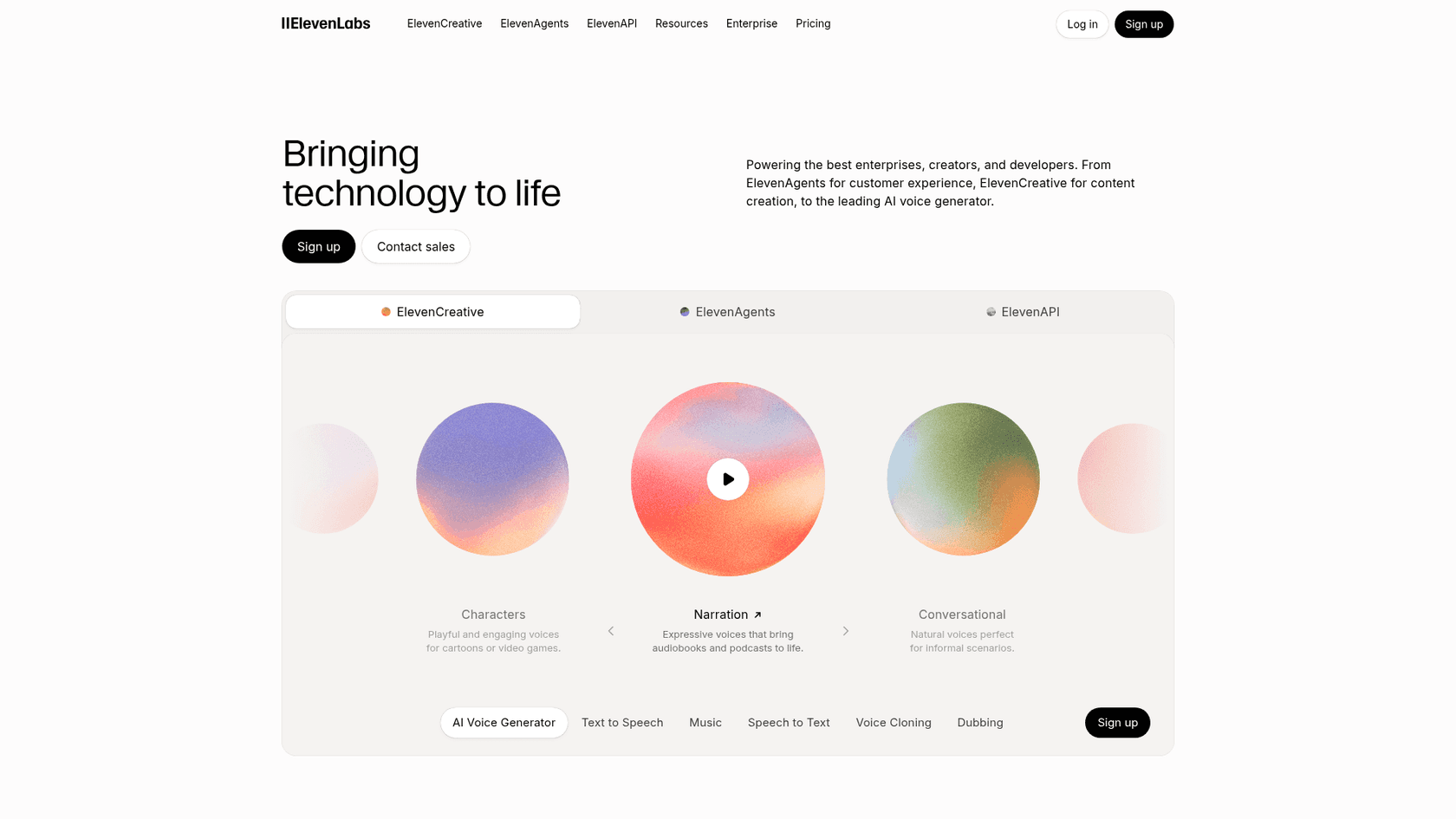 ElevenLabs AI voice generator homepage, as taken from ElevenLabs