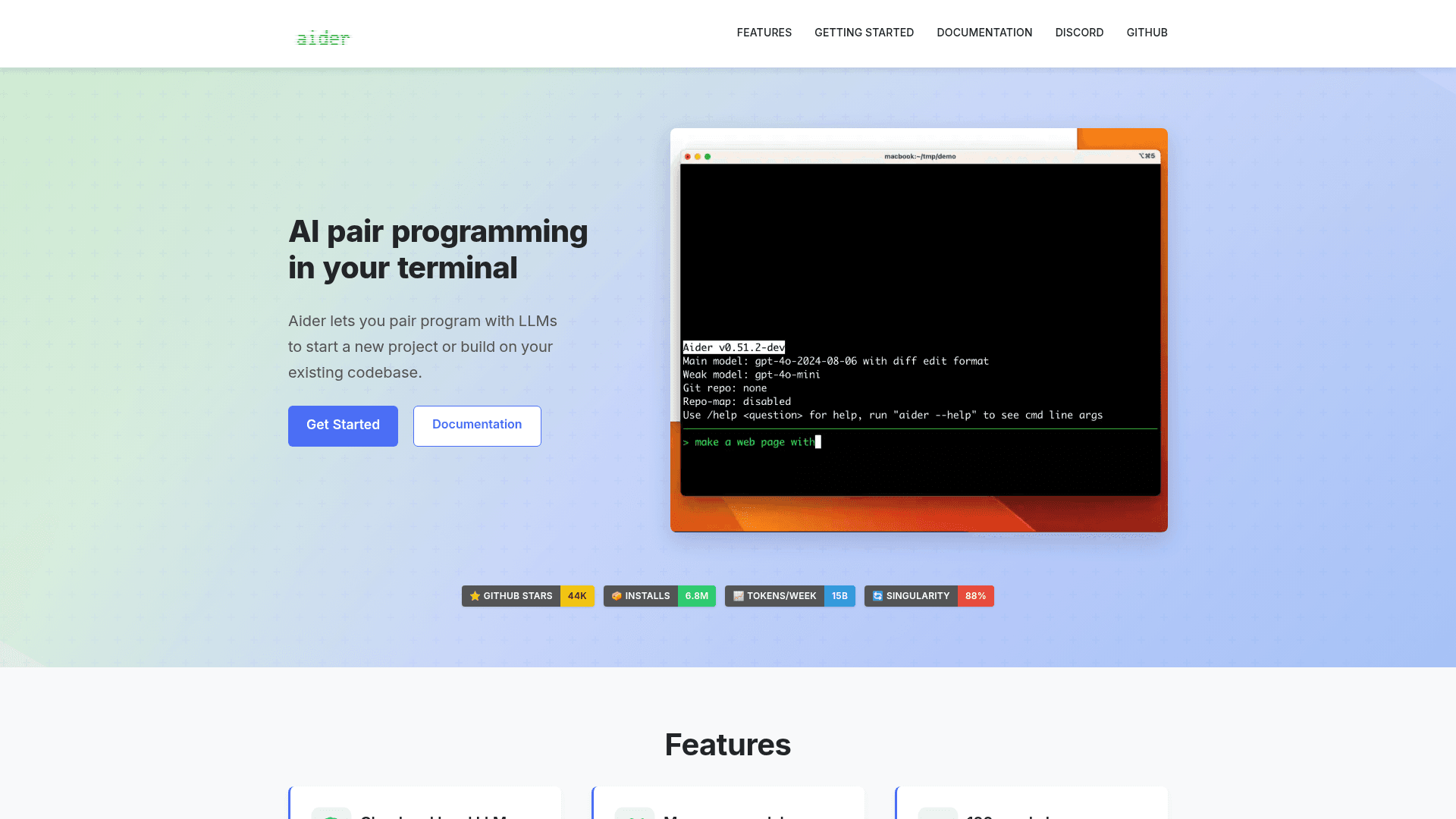 The Aider homepage showing AI pair programming in the terminal, as taken from Aider