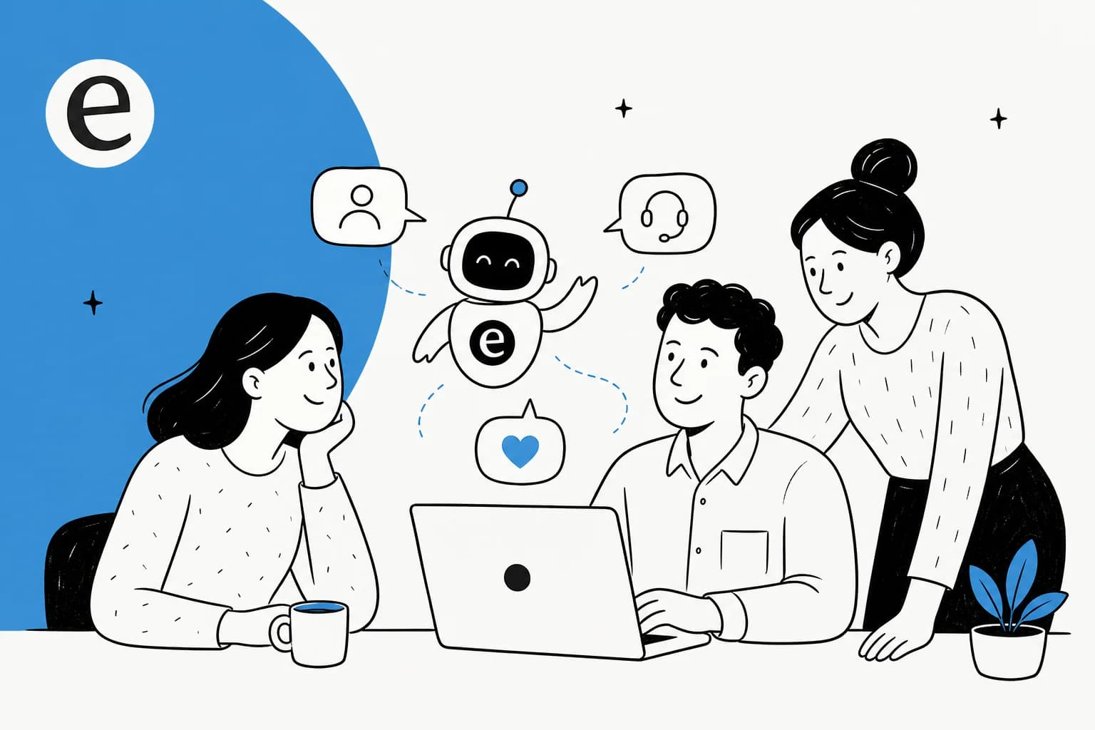 Editorial illustration of a small support team trying out an AI helper, in eesel blue