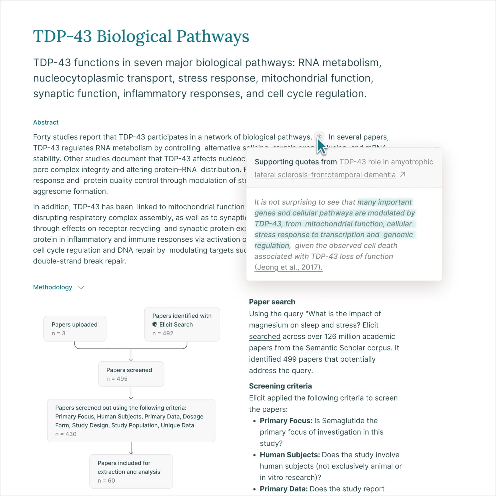 Elicit Reports interface showing a literature review on TDP-43 Biological Pathways with section-level AI-generated paragraphs and inline citations, as taken from Elicit