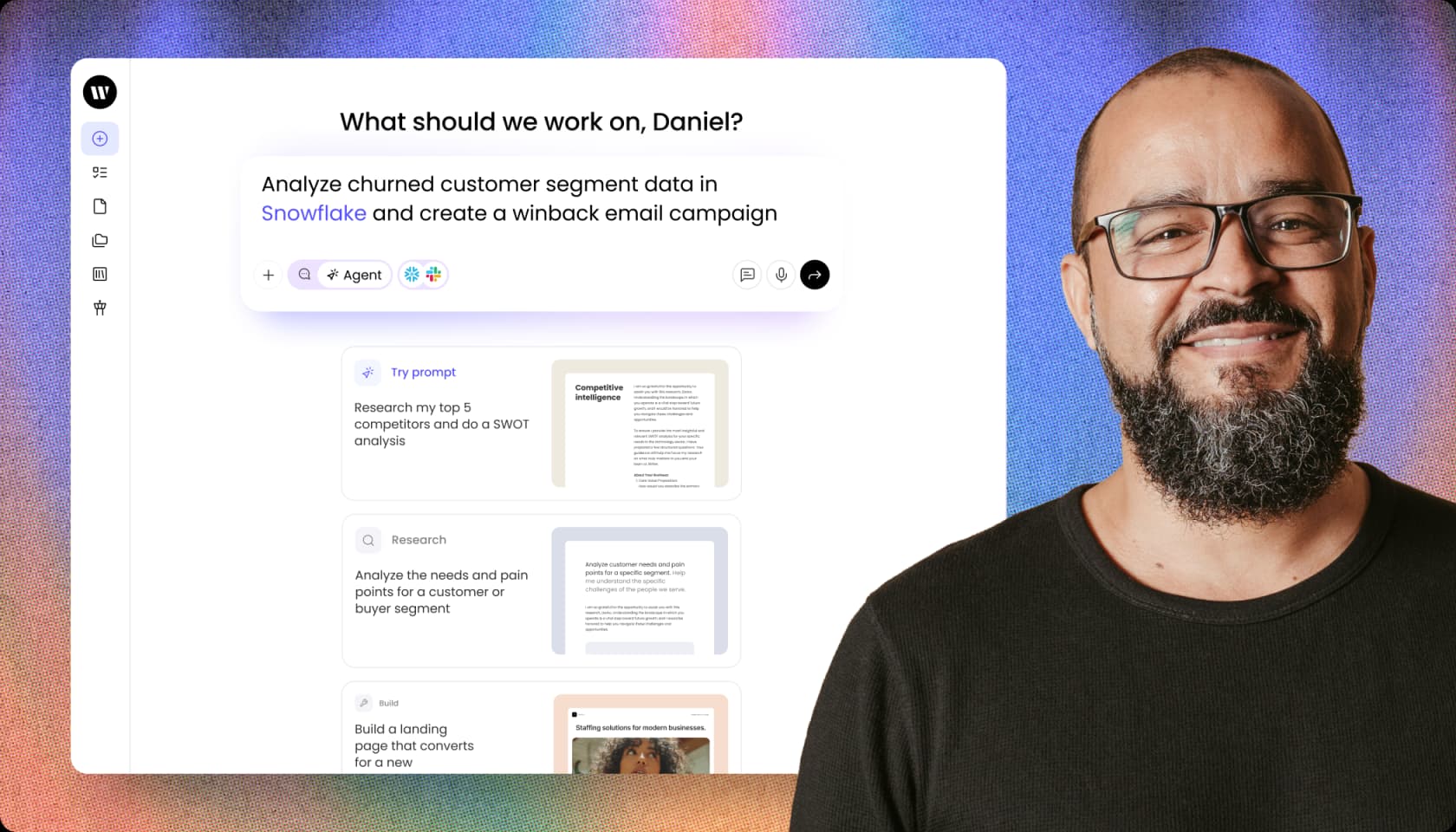 Writer's agent interface asking "What should we work on, Daniel?" with suggested campaign prompts, as taken from Writer