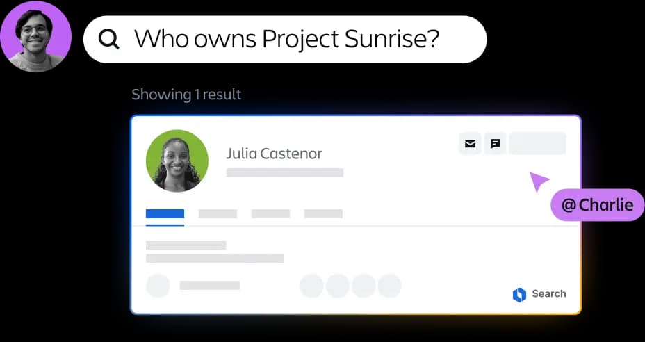 A Rovo knowledge card answering "Who owns Project Sunrise?" with a person result, as taken from Atlassian