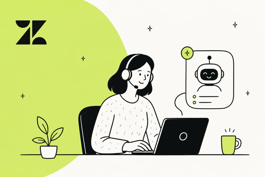 A Zendesk support agent wearing a headset working alongside an AI copilot assistant