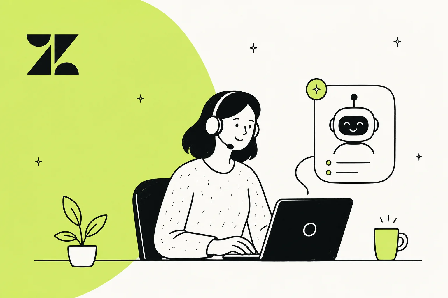 A Zendesk support agent wearing a headset working alongside an AI copilot assistant
